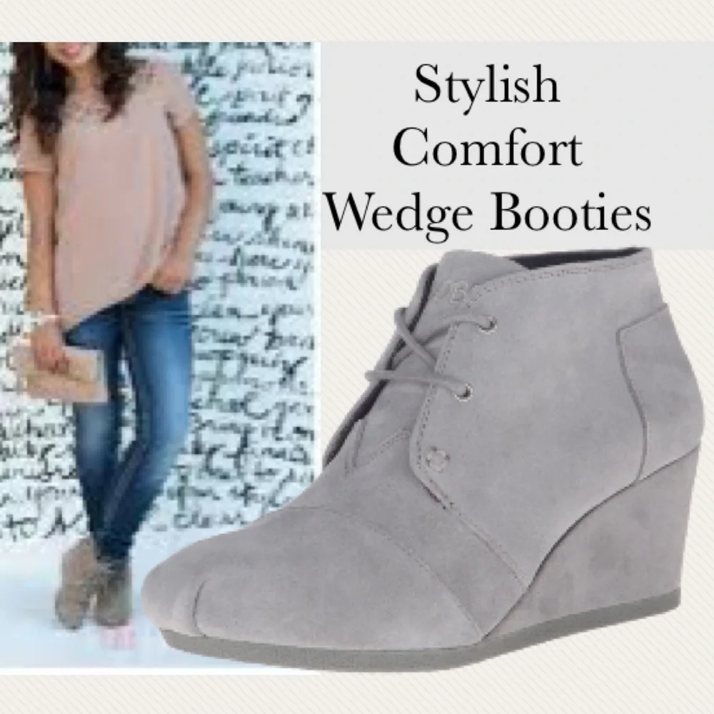 Wedge Heel Ankle Booties Lace Up Suede Boots Bobs Sketchers Gray Size 8 1/2